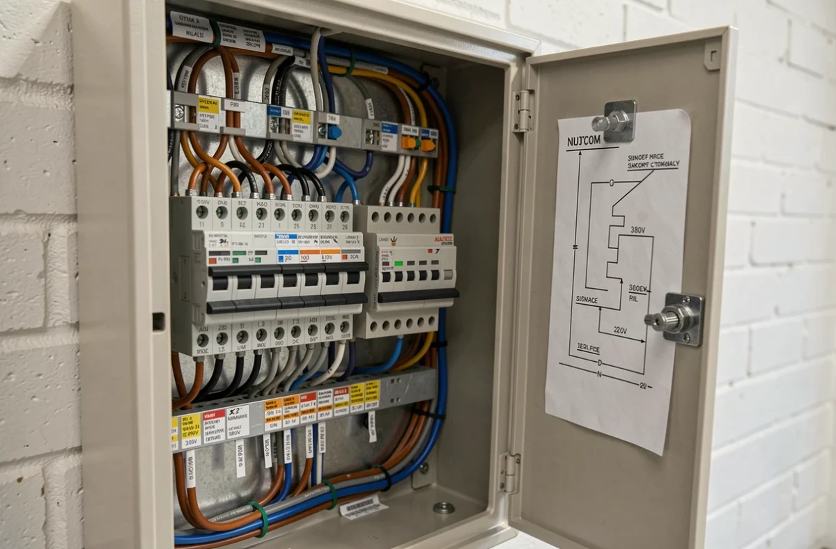 Détail intérieur d'un tableau électrique avec câblage triphasé 380V et monophasé 220V pour atelier domestique