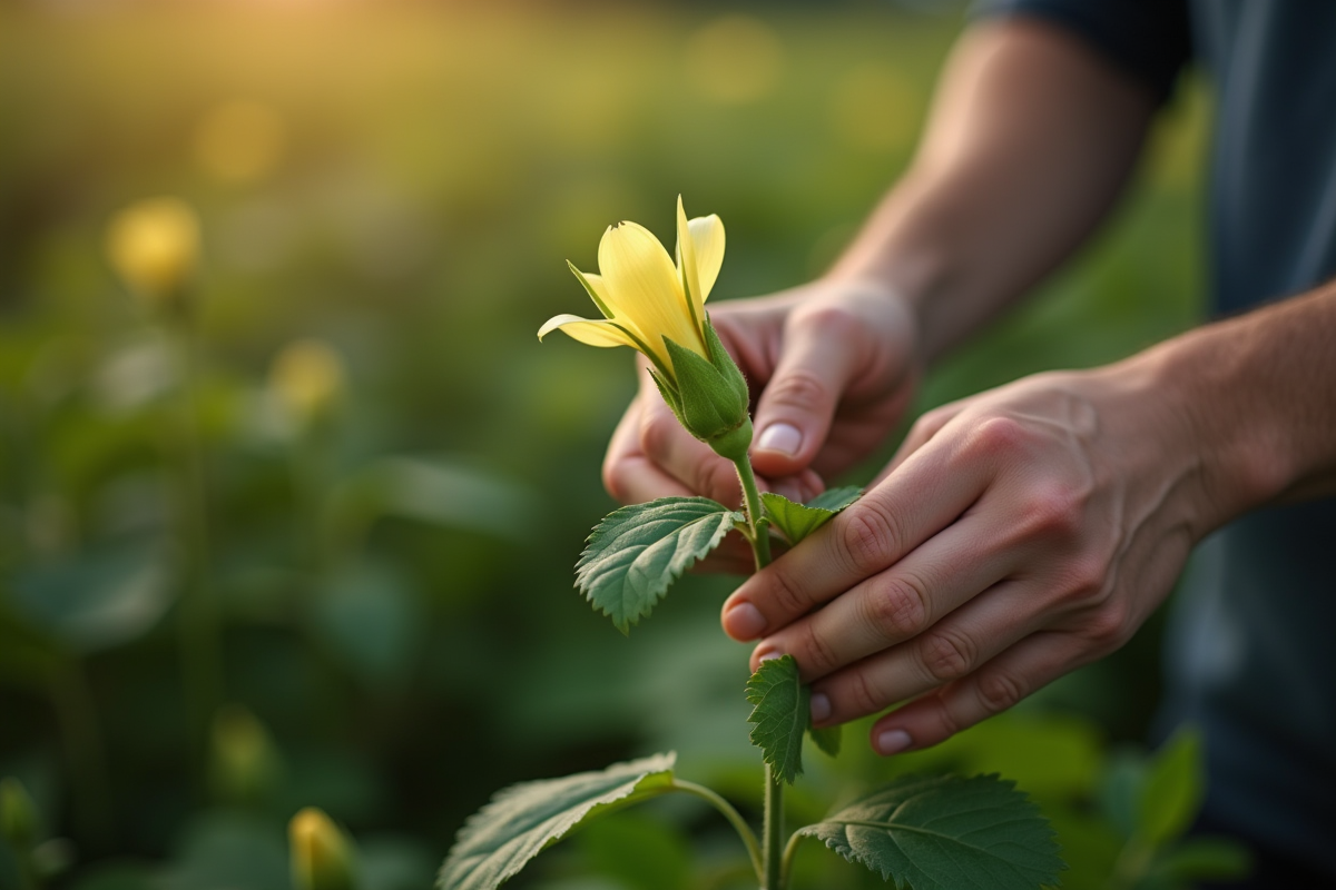 Mains humaines coupant une tige de fleur avec précision