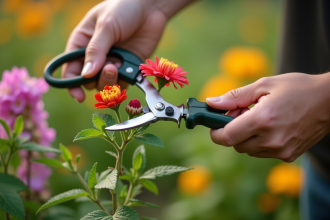 Jardinier taillant délicatement des fleurs colorées en plein air