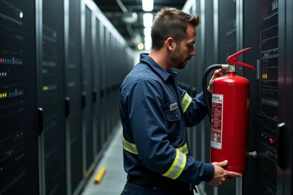 Technicien en sécurité incendie inspectant un extincteur CO2 compatible feux électriques dans une salle serveur industrielle