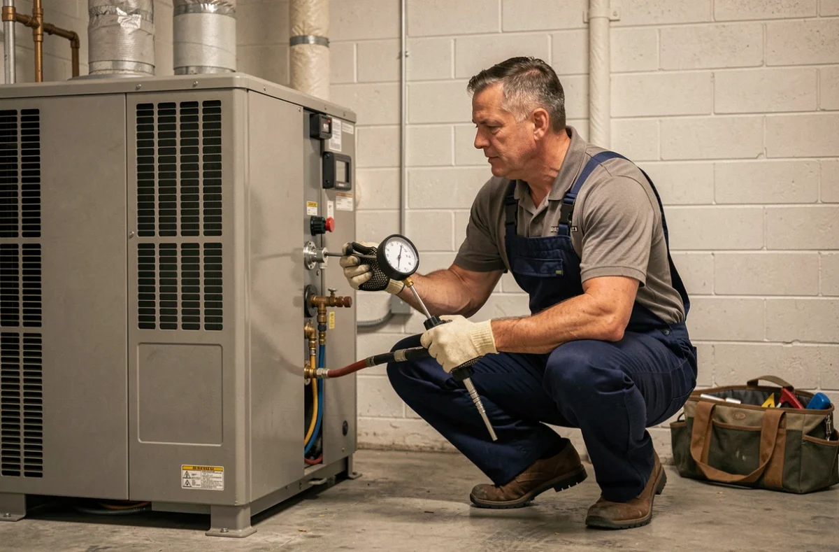 Technicien HVAC inspectant une pompe à chaleur dans une chaufferie avec manomètre numérique