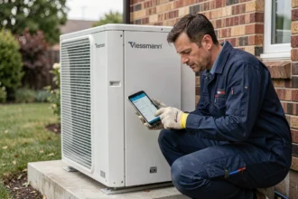 Technicien inspectant une pompe à chaleur Viessmann installée à l'extérieur d'une maison résidentielle