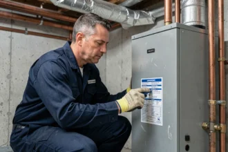 Technicien chauffagiste inspectant une pompe à chaleur eau-eau dans une chaufferie résidentielle