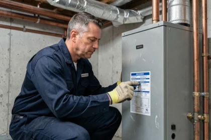 Technicien chauffagiste inspectant une pompe à chaleur eau-eau dans une chaufferie résidentielle
