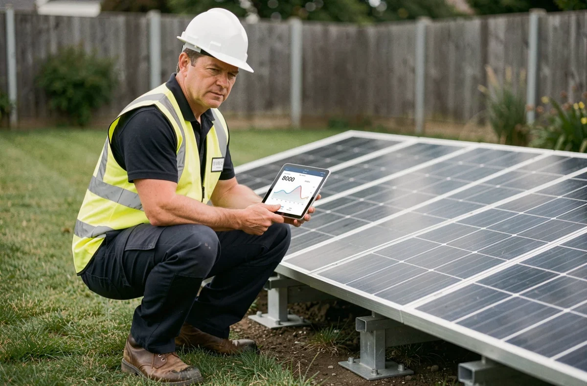 Technicien en énergie solaire inspectant une installation photovoltaïque au sol avec tablette numérique affichant 8000 kWh