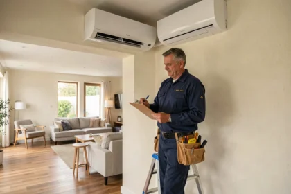 Technicien inspectant une pompe à chaleur air-air murale dans un salon résidentiel moderne