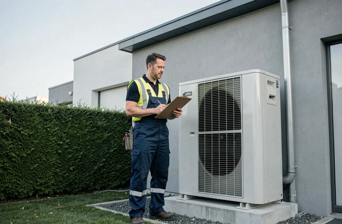 Technicien HVAC installant une pompe à chaleur sur un pavillon moderne dans le cadre d'une rénovation énergétique