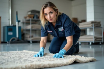 Technicienne de nettoyage à sec inspectant un tapis en laine dans un atelier professionnel avant traitement