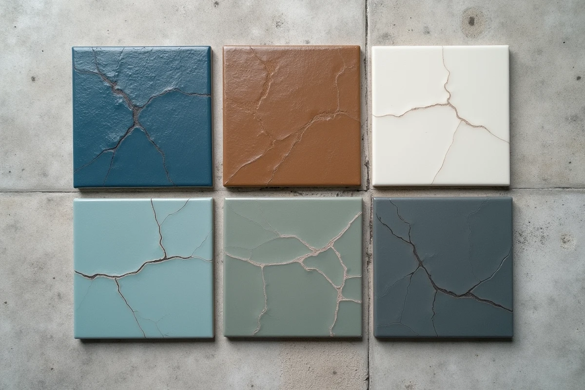 Présentation à plat de six carreaux en céramique avec différentes finitions d'émail tendance 2026 sur surface en béton brut