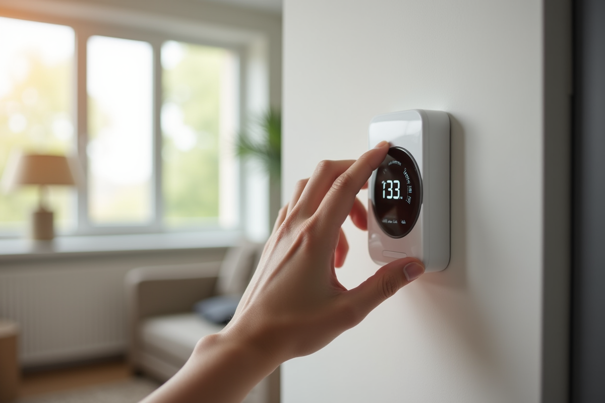 Main ajustant un thermostat intelligent sur un chauffage
