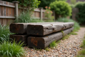 Traverses de chemin de fer anciennes empilées dans un jardin pour aménagement extérieur