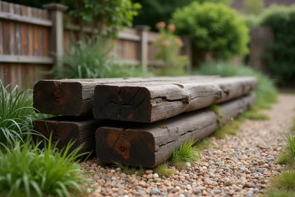 Traverses de chemin de fer anciennes empilées dans un jardin pour aménagement extérieur