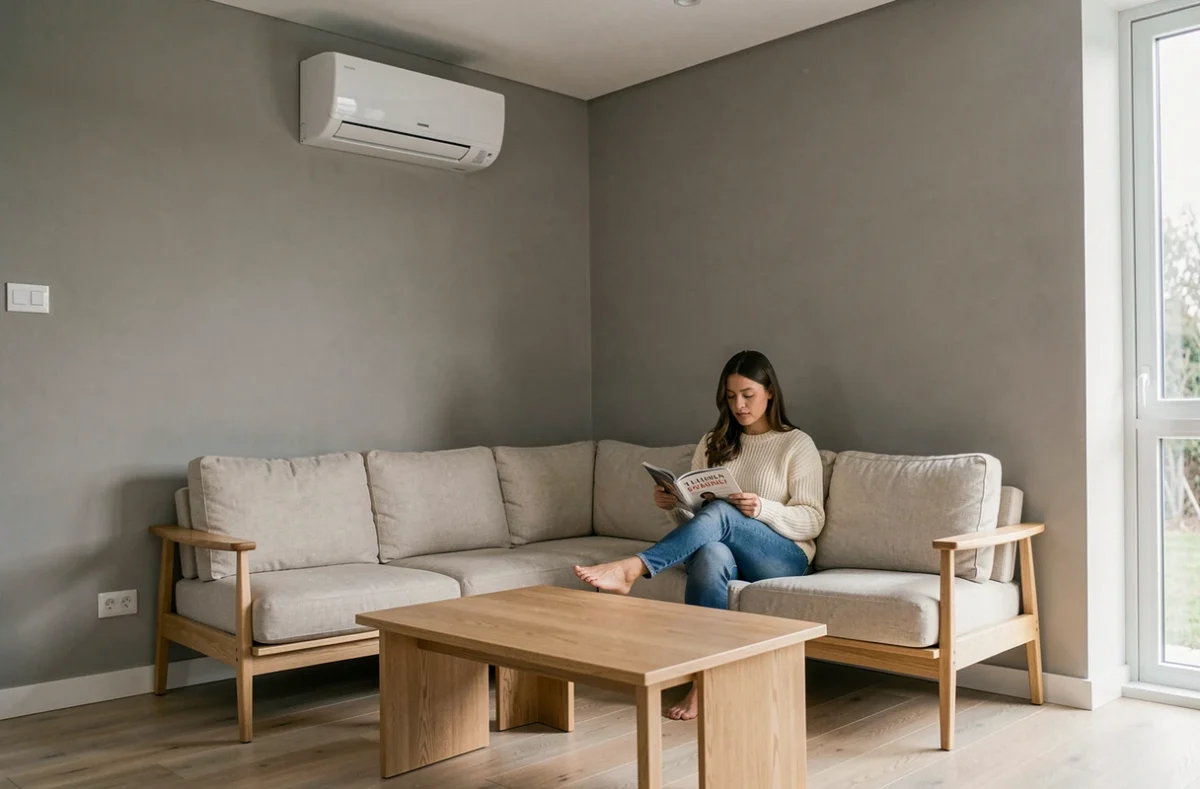 Unité intérieure de pompe à chaleur air-air installée dans un salon moderne minimaliste avec une femme assise sur un canapé