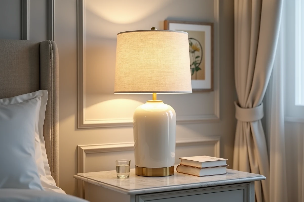 Veilleuse classique avec abat-jour en lin sur une table de nuit en marbre dans une chambre traditionnelle élégante