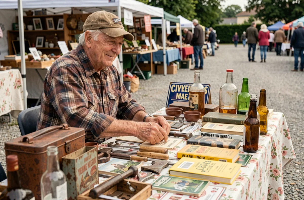 Vendeur âgé souriant derrière sa table couverte d'objets anciens lors d'un vide grenier dans le 78