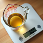 Verre mesureur avec liquide et balance de cuisine