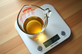 Verre mesureur avec liquide et balance de cuisine