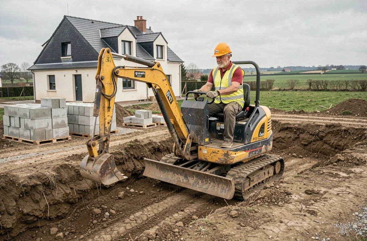 Un opérateur de Viana Fialho Maçonnerie et Conduite d'engins manœuvrant une pelleteuse sur un chantier de fondation en banlieue parisienne