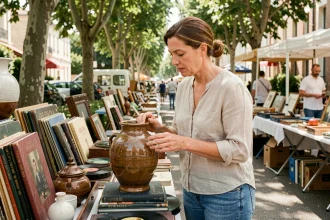 Femme examinant un vase vintage sur un stand de vide grenier dans les Yvelines