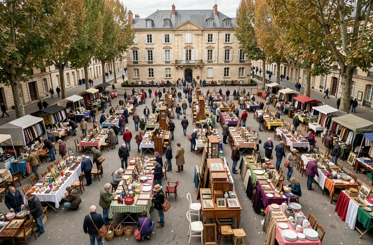 Vue aérienne d'un grand vide grenier animé sur une place de ville dans le département 78