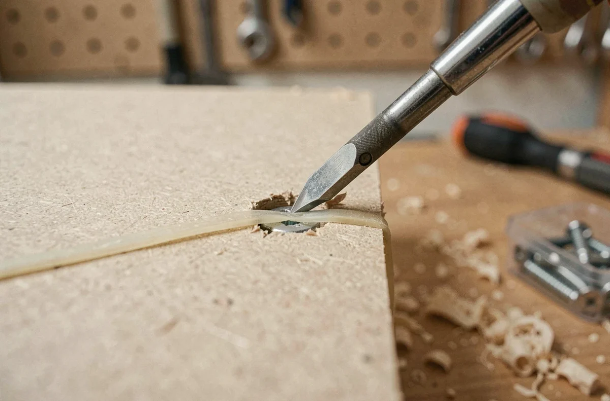 Gros plan sur une vis foirée dans du MDF avec un élastique utilisé comme astuce pour améliorer l'adhérence du tournevis