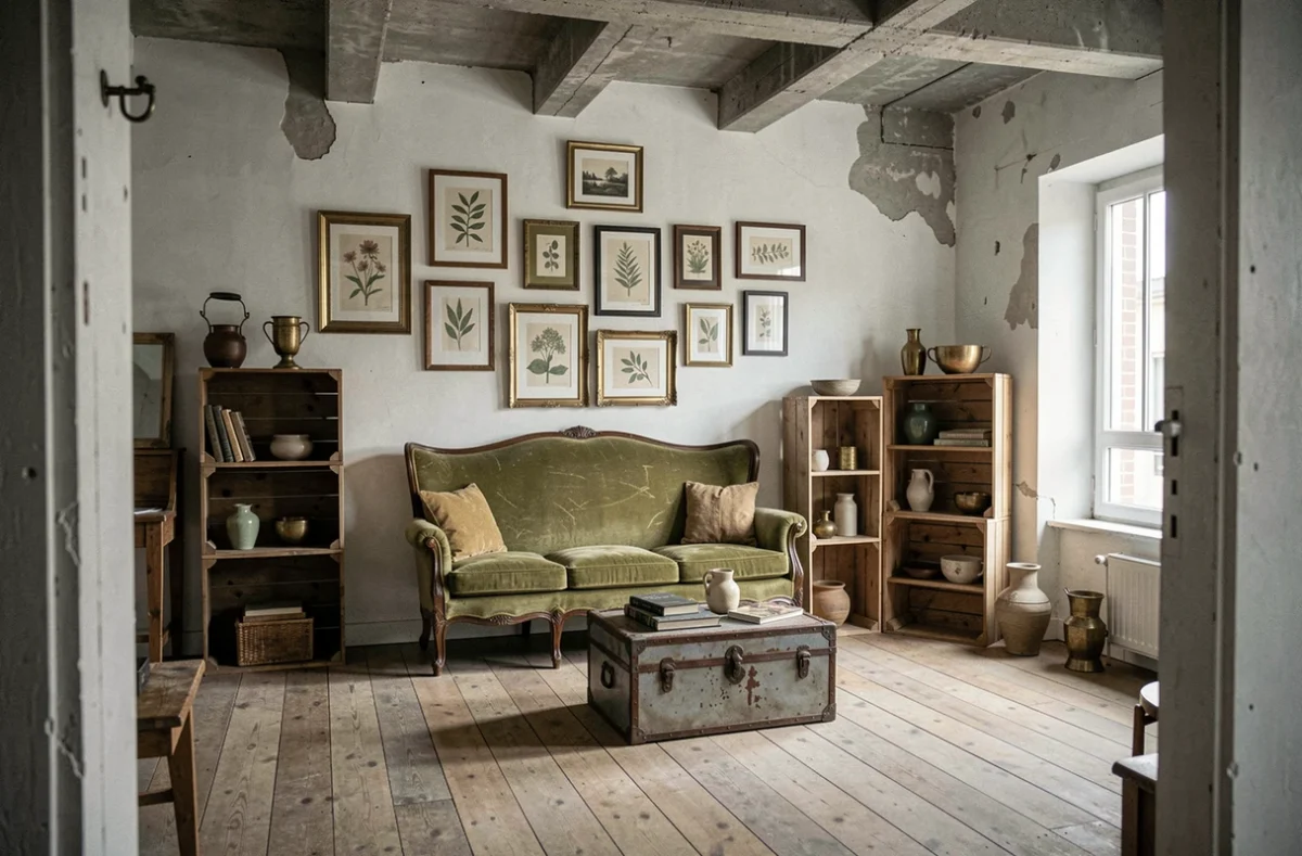 Vue d'ensemble d'un salon atelier brocante avec canapé ancien, mur de cadres vintage et objets chinés en décoration