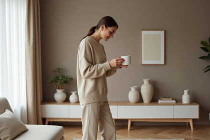 Femme arrangeant des vases en décoration intérieure