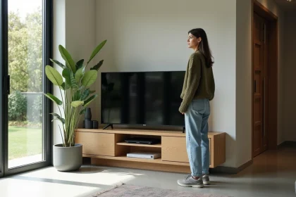 Femme en pull vert olive dans un salon moderne avec meuble TV en bois clair