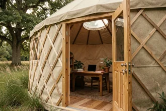 Yourte aménagée en bureau créatif dans un jardin verdoyant avec porte ouverte sur un espace de travail en bois