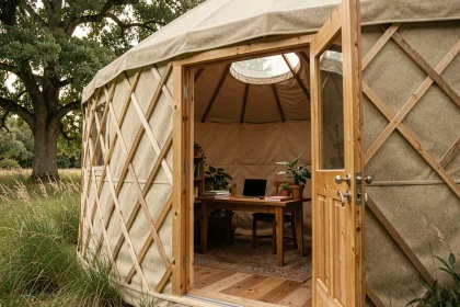 Yourte aménagée en bureau créatif dans un jardin verdoyant avec porte ouverte sur un espace de travail en bois