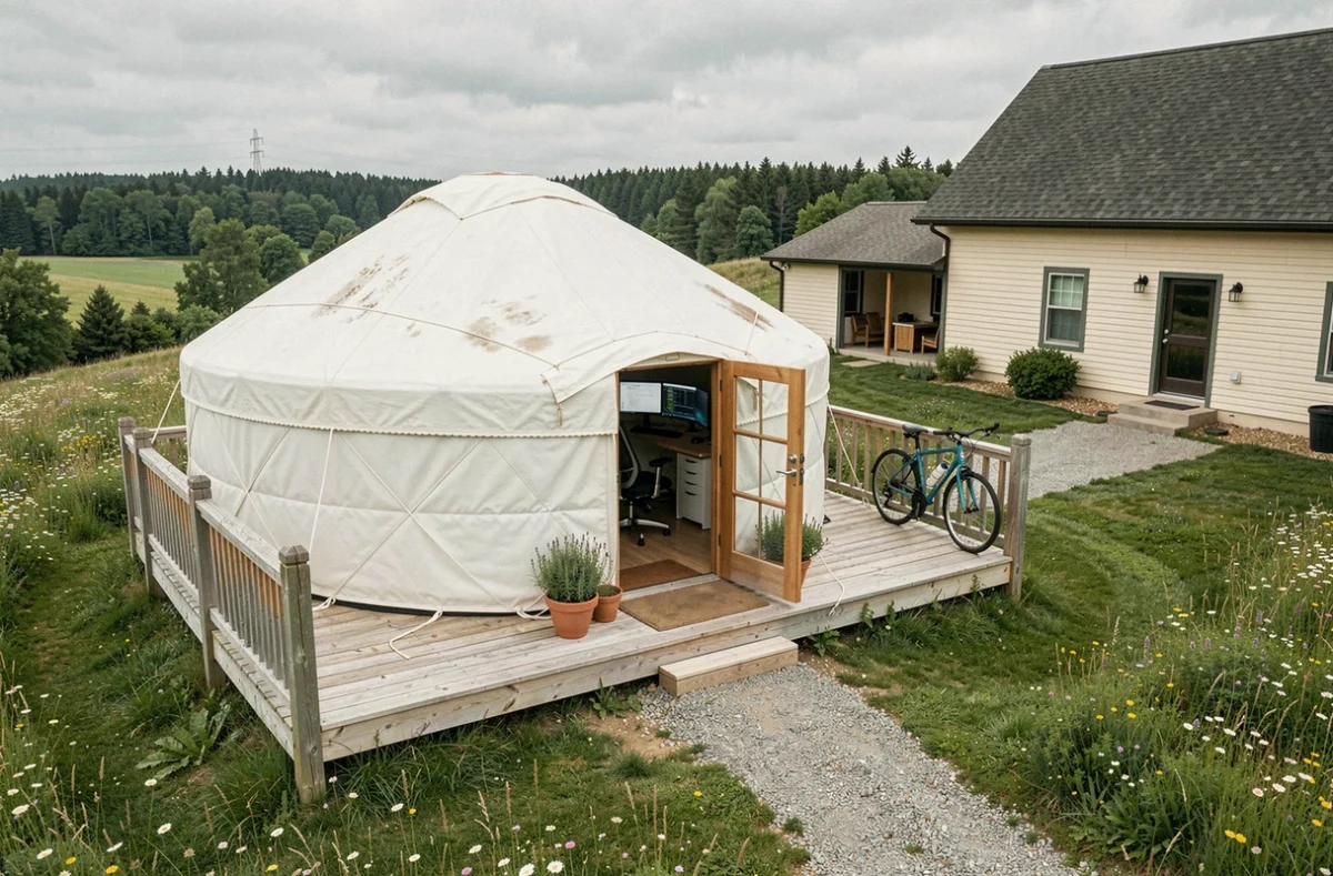 Vue extérieure aérienne d'une yourte installée sur une terrasse en bois dans un pré avec chemin de gravier menant à une ferme
